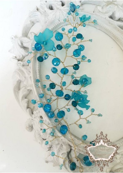 Къса дизайнерска булчинска кристална украса за коса Turquoise Charm by Rosie